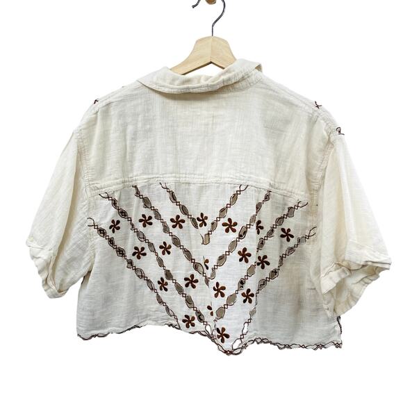 Free People white brown embroidered button down - Picture 4 of 6